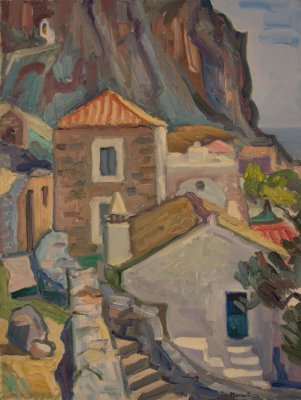 Monemvasia, Houses with Rock Background, Sea Below — Oil painting, Canvas, 46.00×61.00cm — Theodoros Markellos